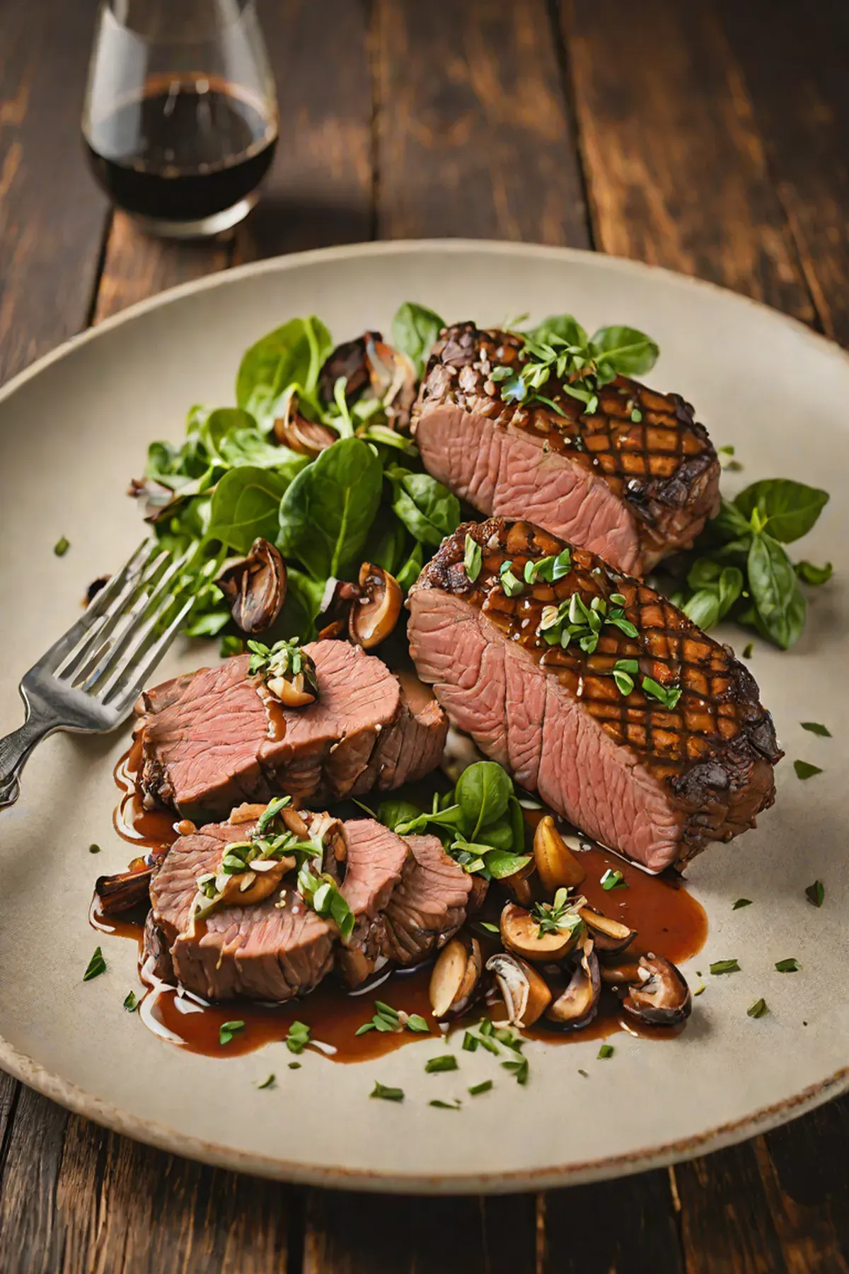Grilled Bison Tenderloin with Spinach and Wild Mushroom Sauce