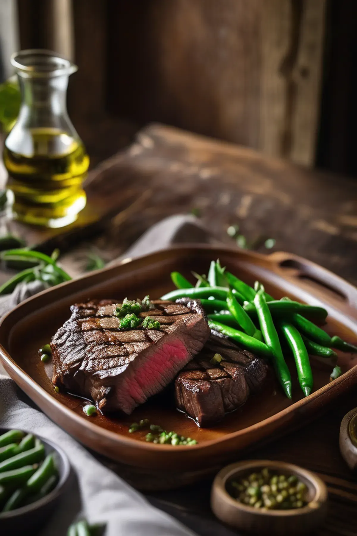Grilled Bison with Green Bean and Garlic Butter