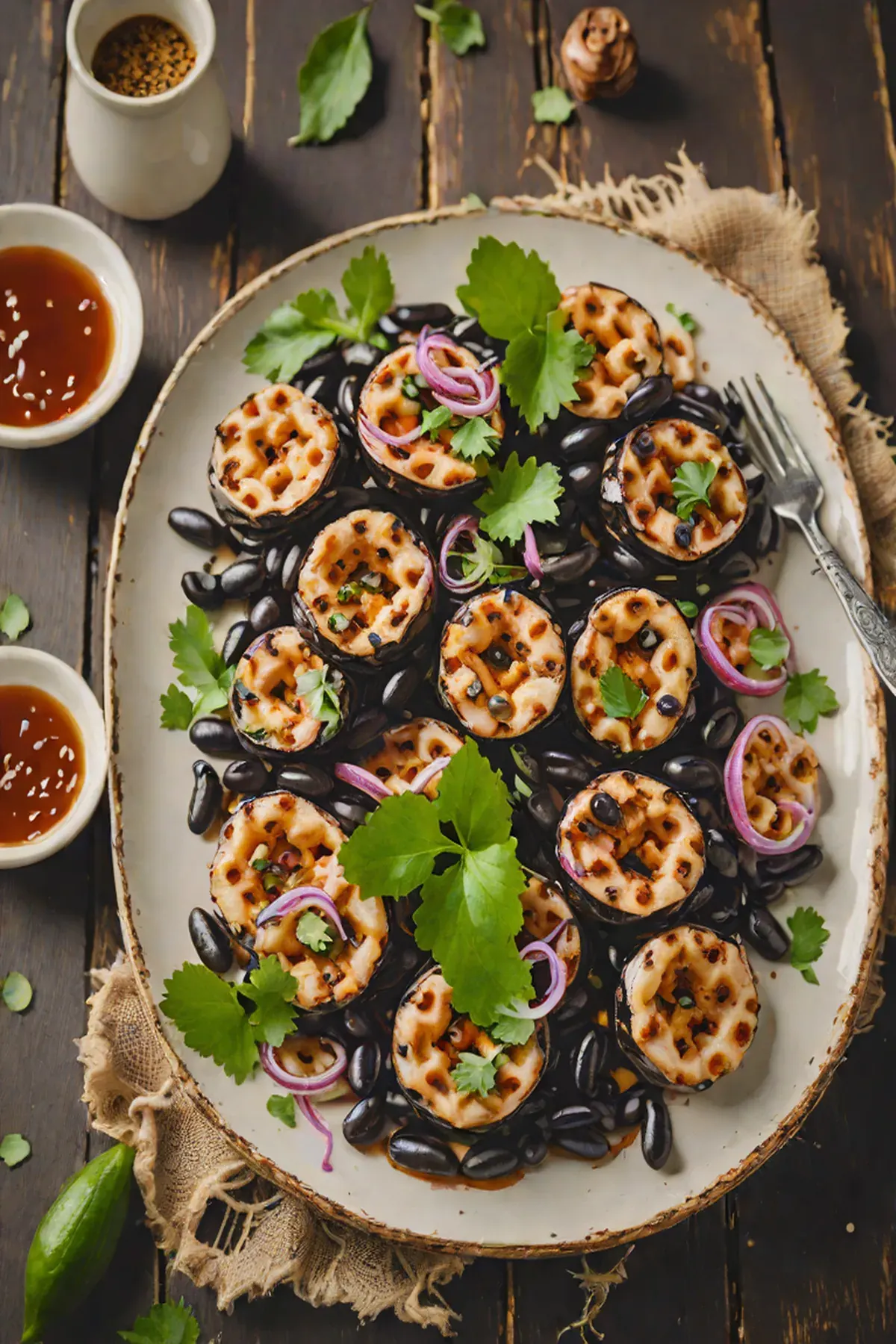 Grilled Black Beans with Lotus Root
