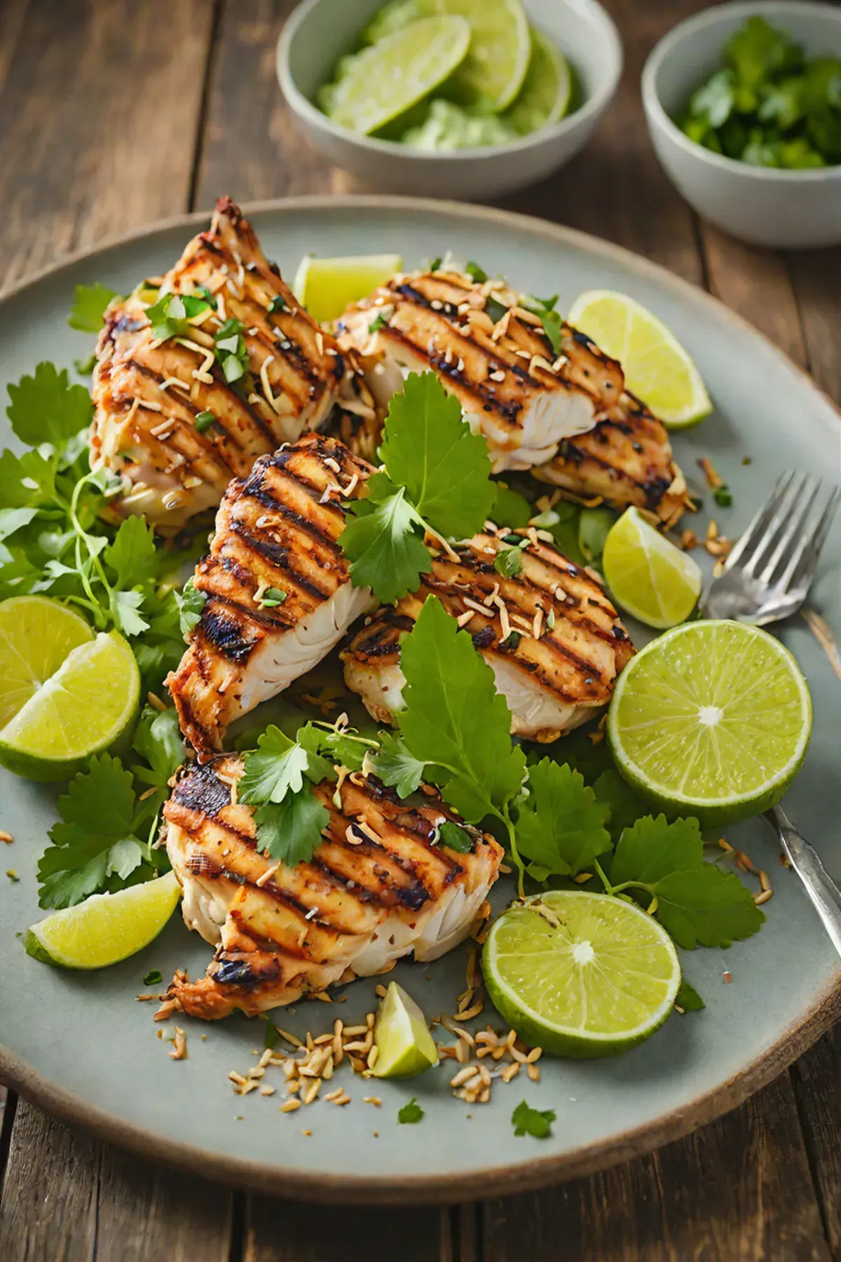 Grilled Chicken with Cassava Root Crisps and Cilantro-Lime Sauce