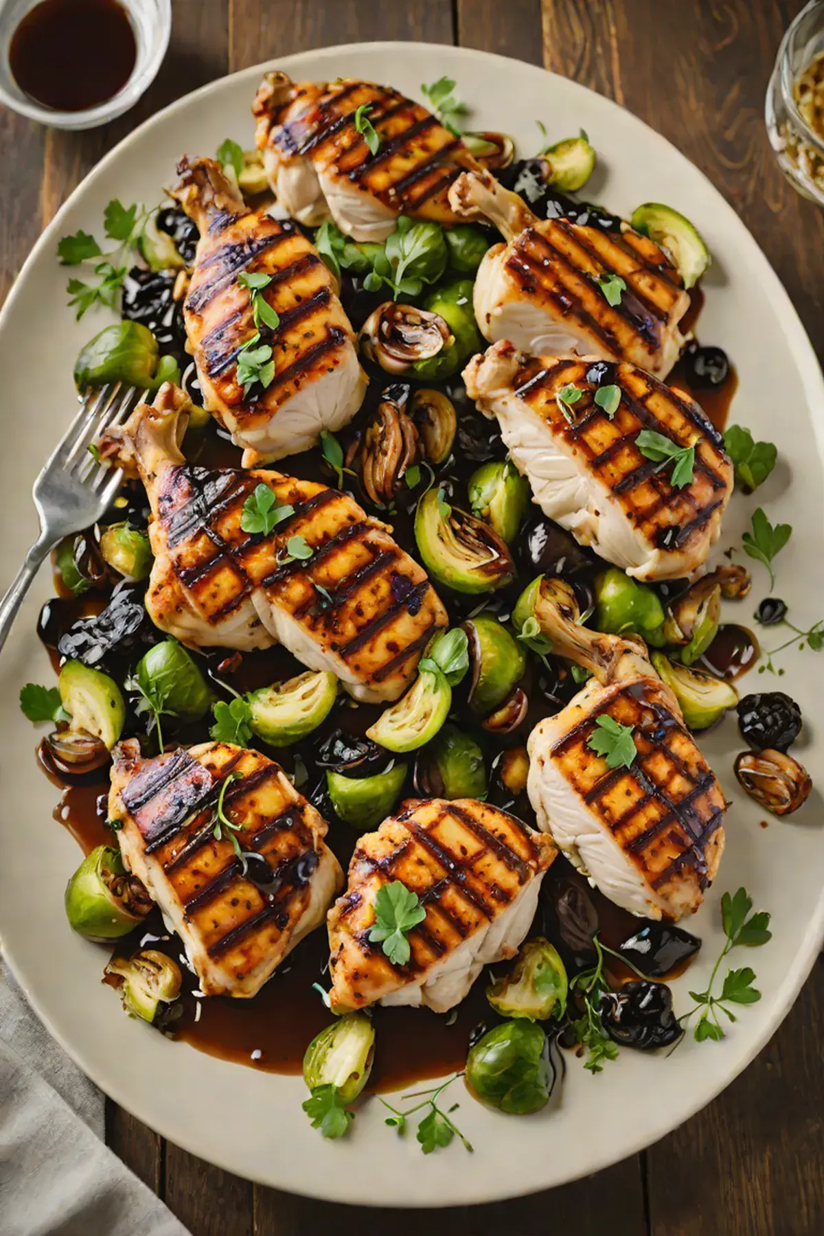 Grilled Chicken with Charred Brussels Sprouts and Balsamic Glaze