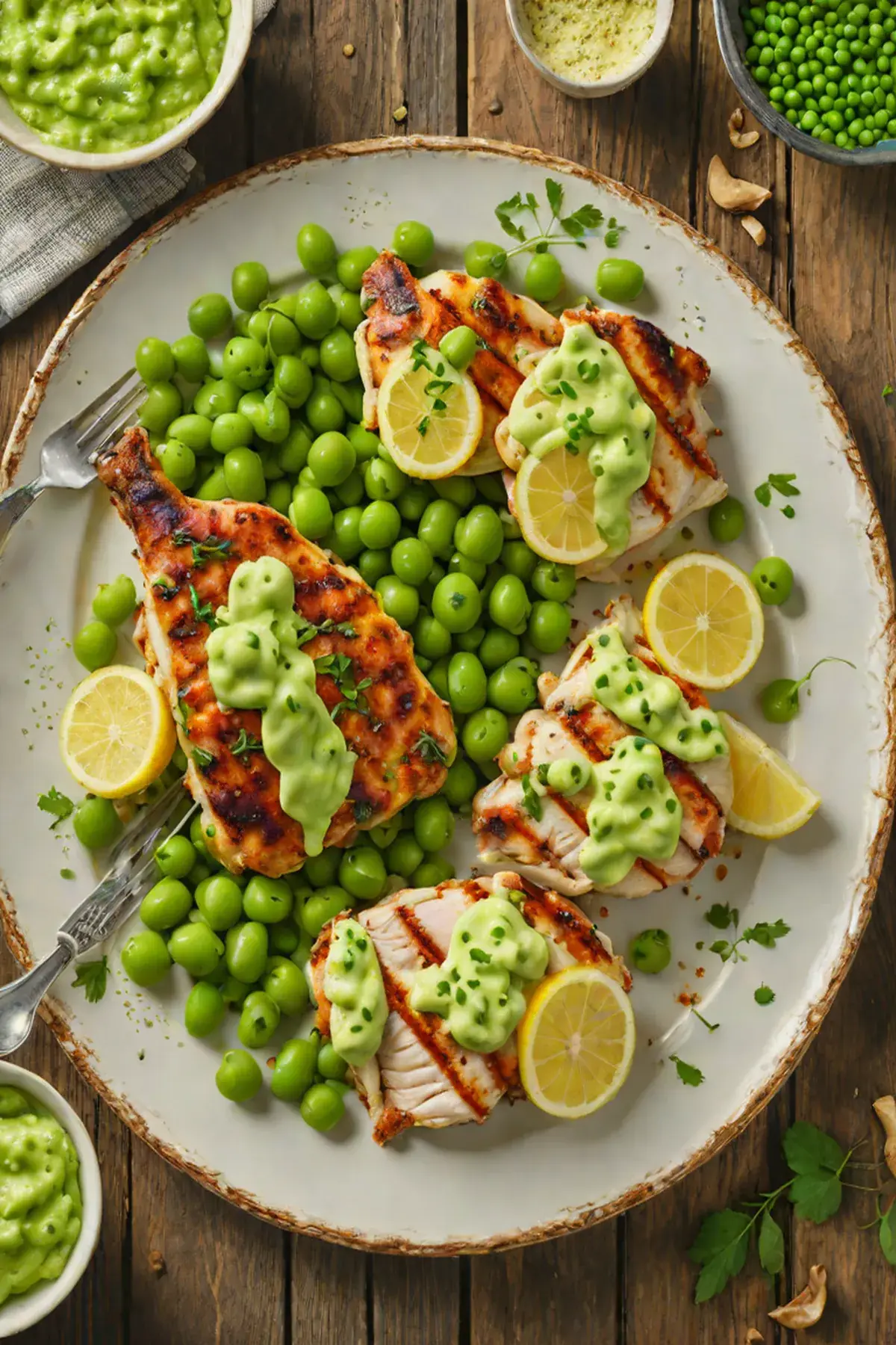 Grilled Chicken with Pea and Herb Butter Sauce