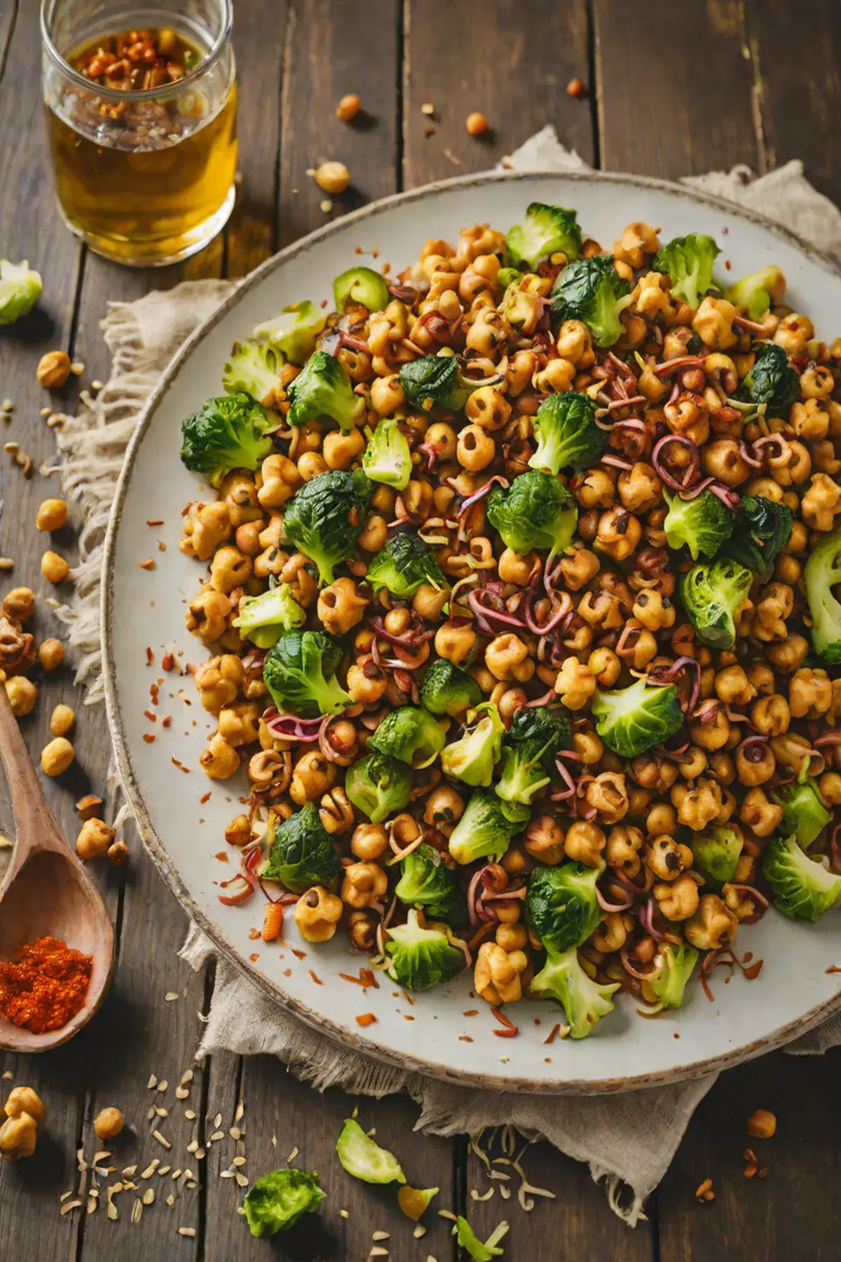Grilled Chickpeas with Brussels Sprouts and Crispy Garlic