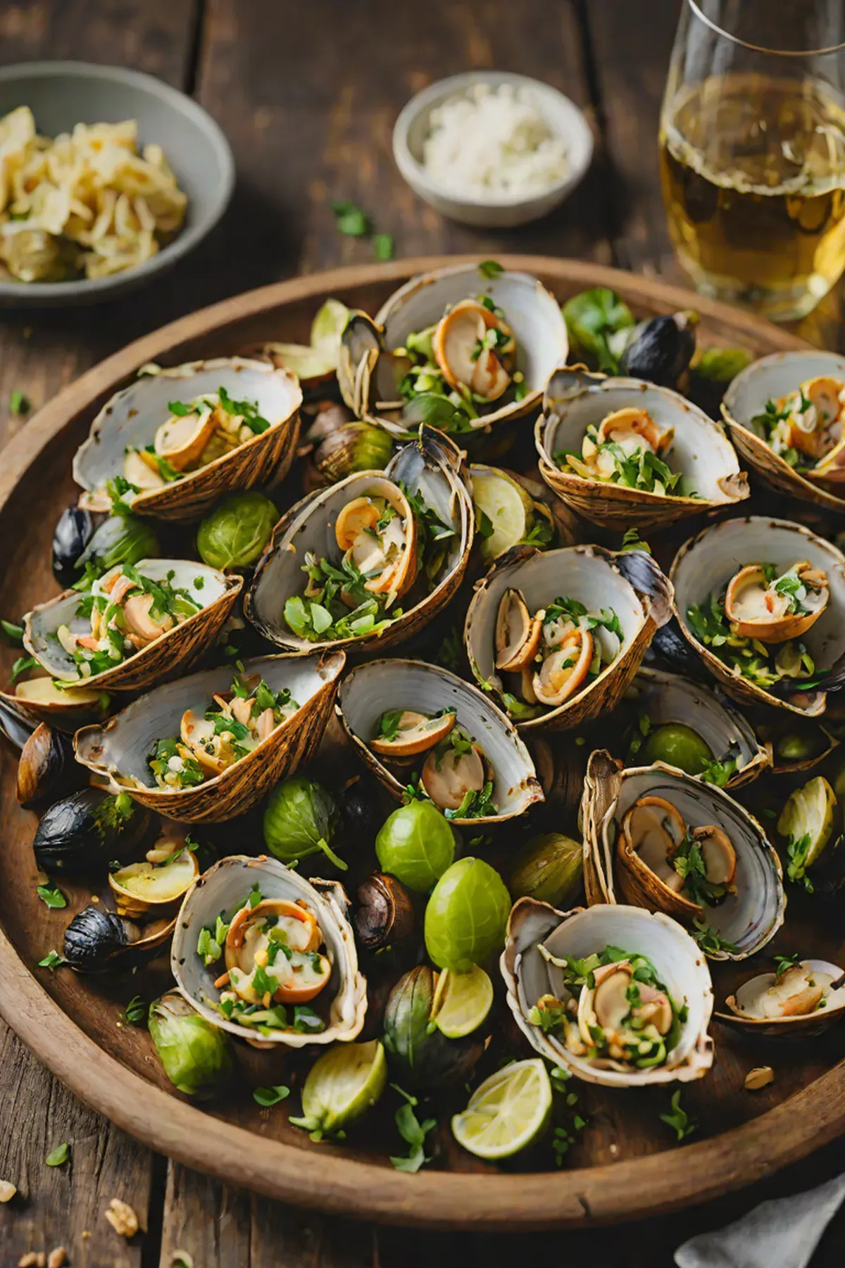 Grilled Clams with Charred Brussels Sprouts and Garlic Butter
