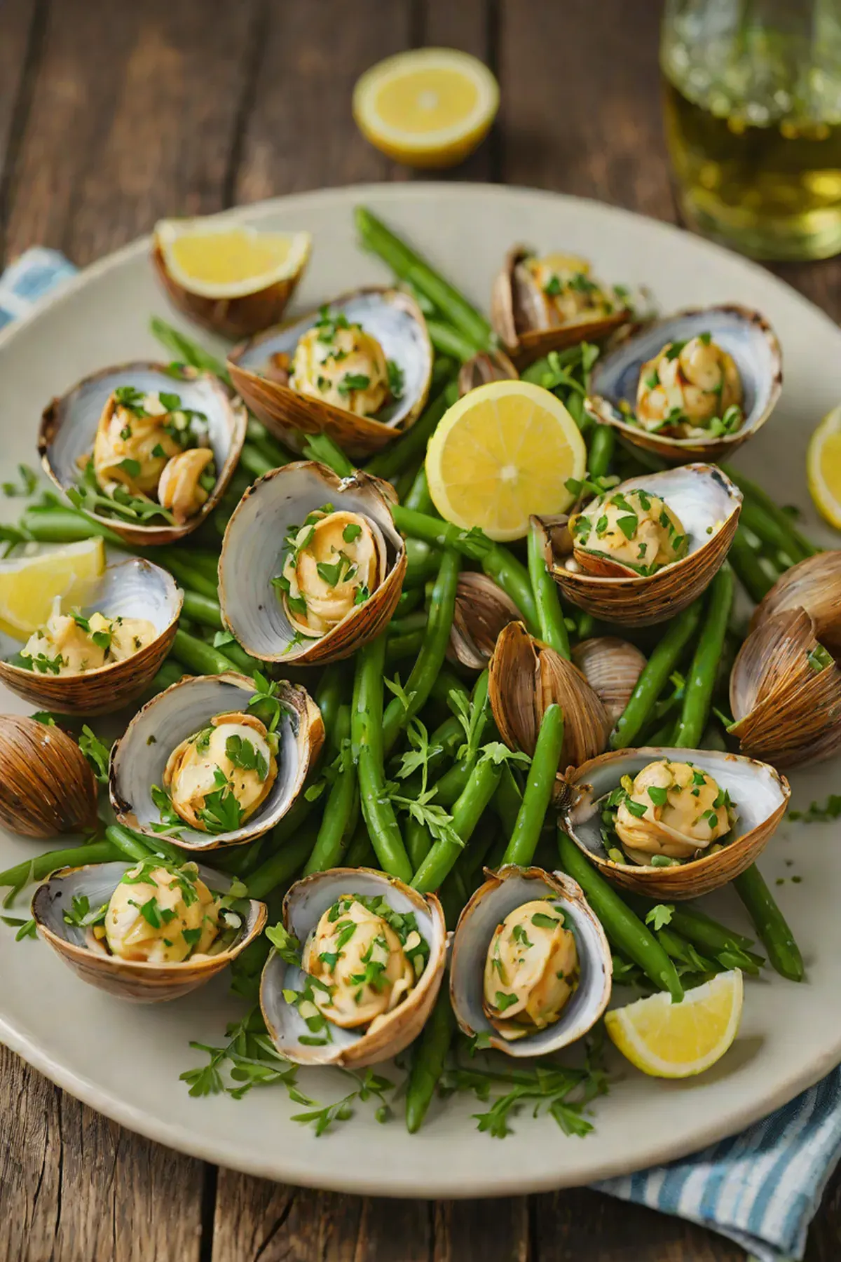 Grilled Clams with Green Bean and Garlic Butter