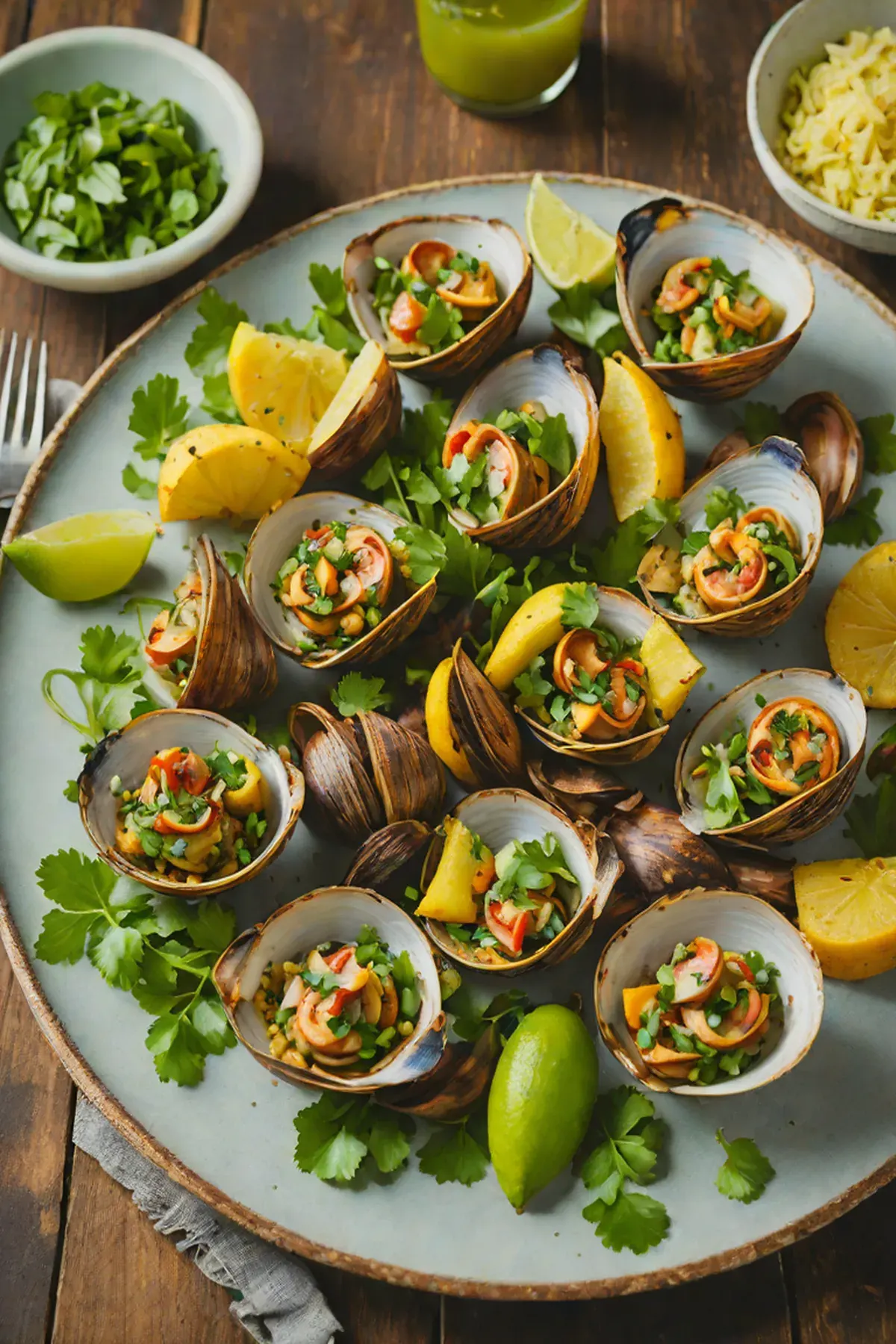 Grilled Clams with Plantain Mofongo and Cilantro-Lime Butter