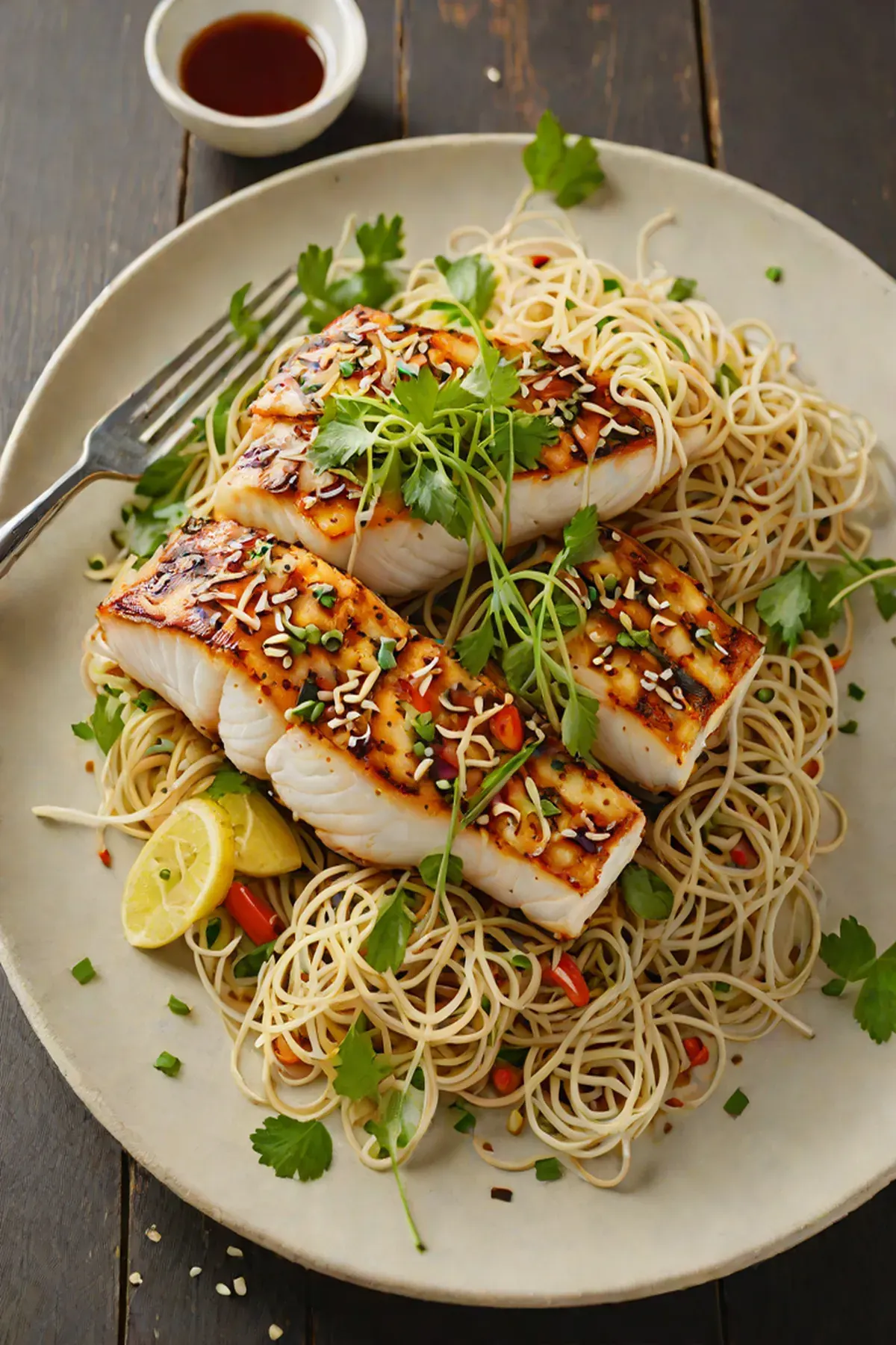 Grilled Cod with Bean Sprout Stir-Fry and Sesame Oil Drizzle