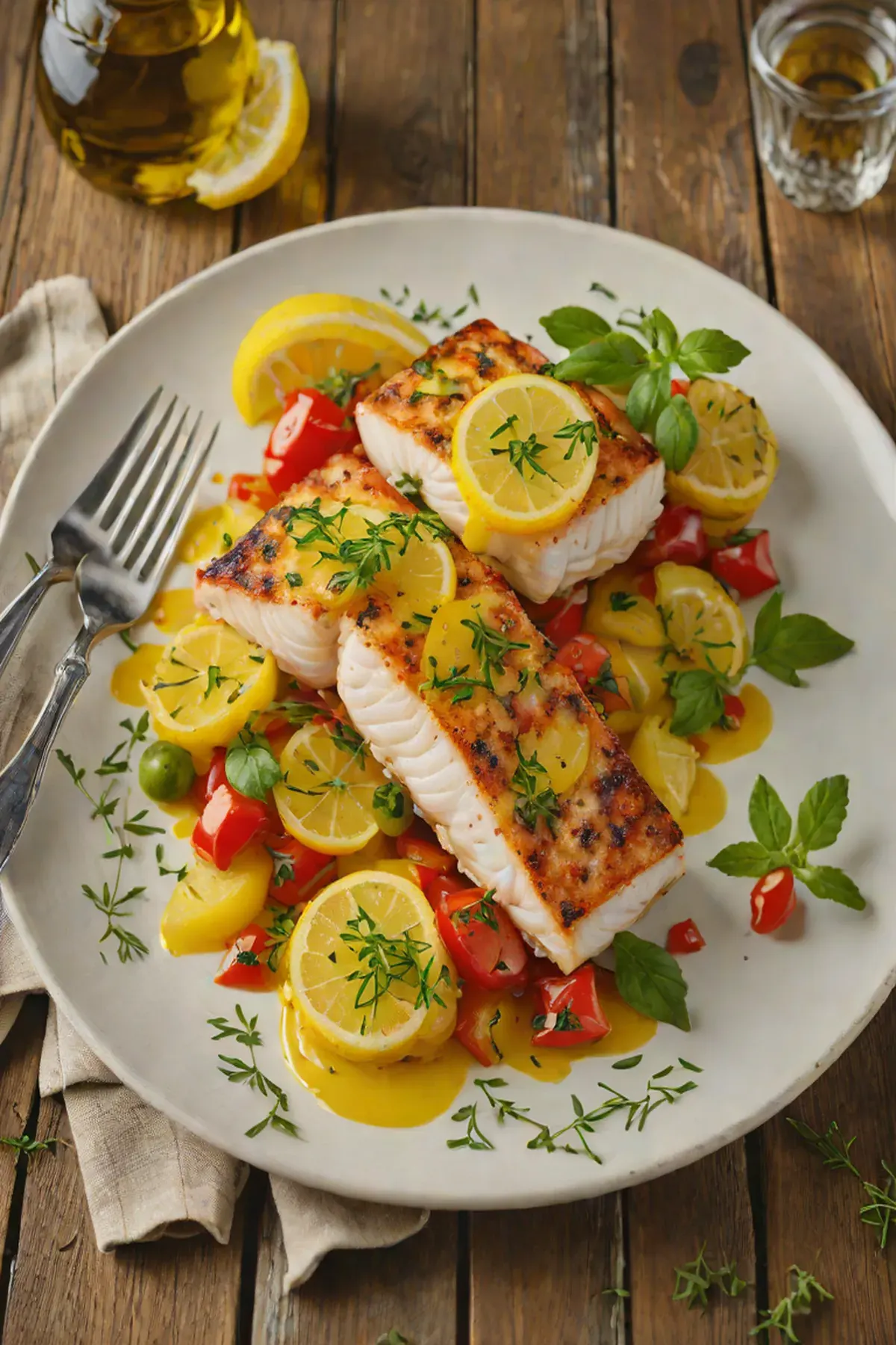 Grilled Cod with Bell Pepper and Lemon Herb Sauce