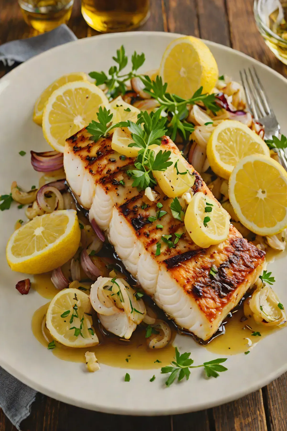 Grilled Cod with Caramelized Onion and Lemon Butter
