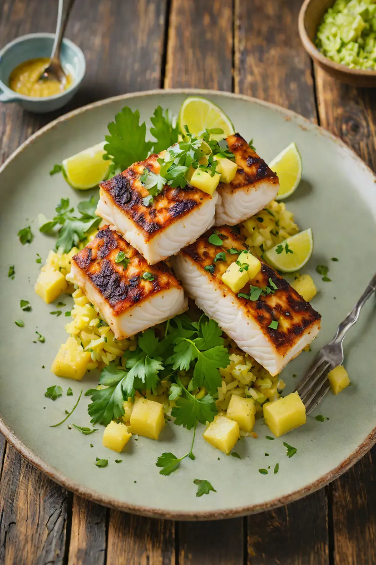 Grilled Cod with Cassava Cake and Cilantro-Lime Butter