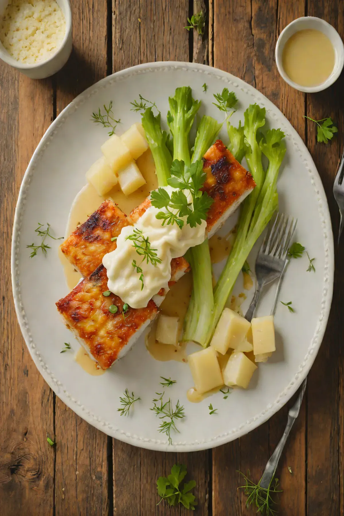Grilled Cod with Celery Root Purée and Crispy Celery Garnish