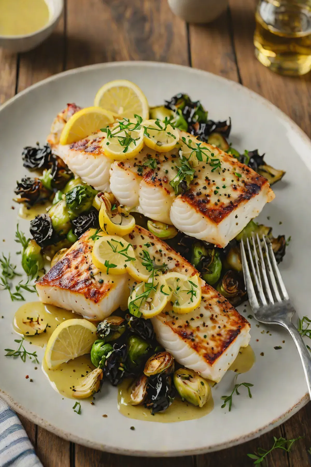 Grilled Cod with Crispy Brussels Sprouts and Lemon Butter Sauce