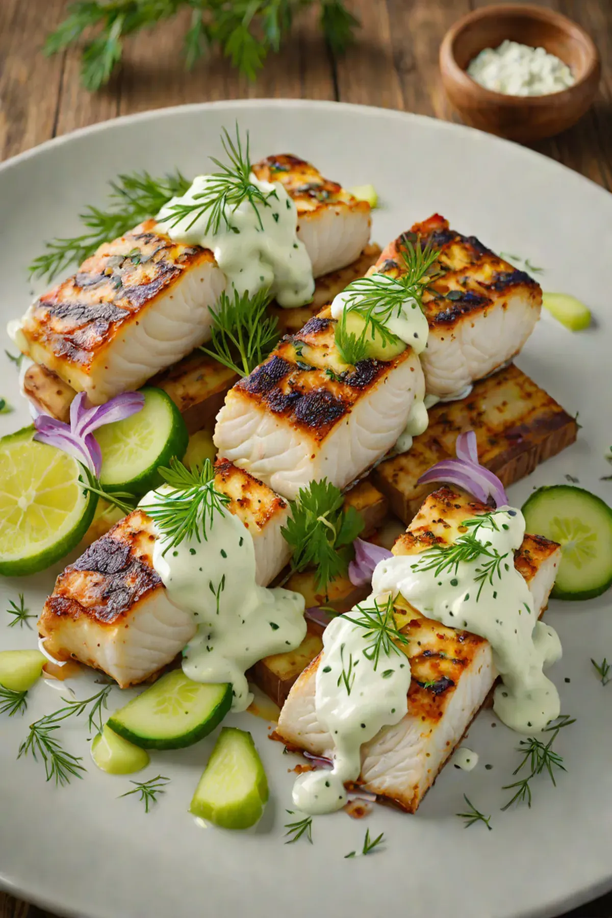 Grilled Cod with Cucumber Relish and Dill Cream