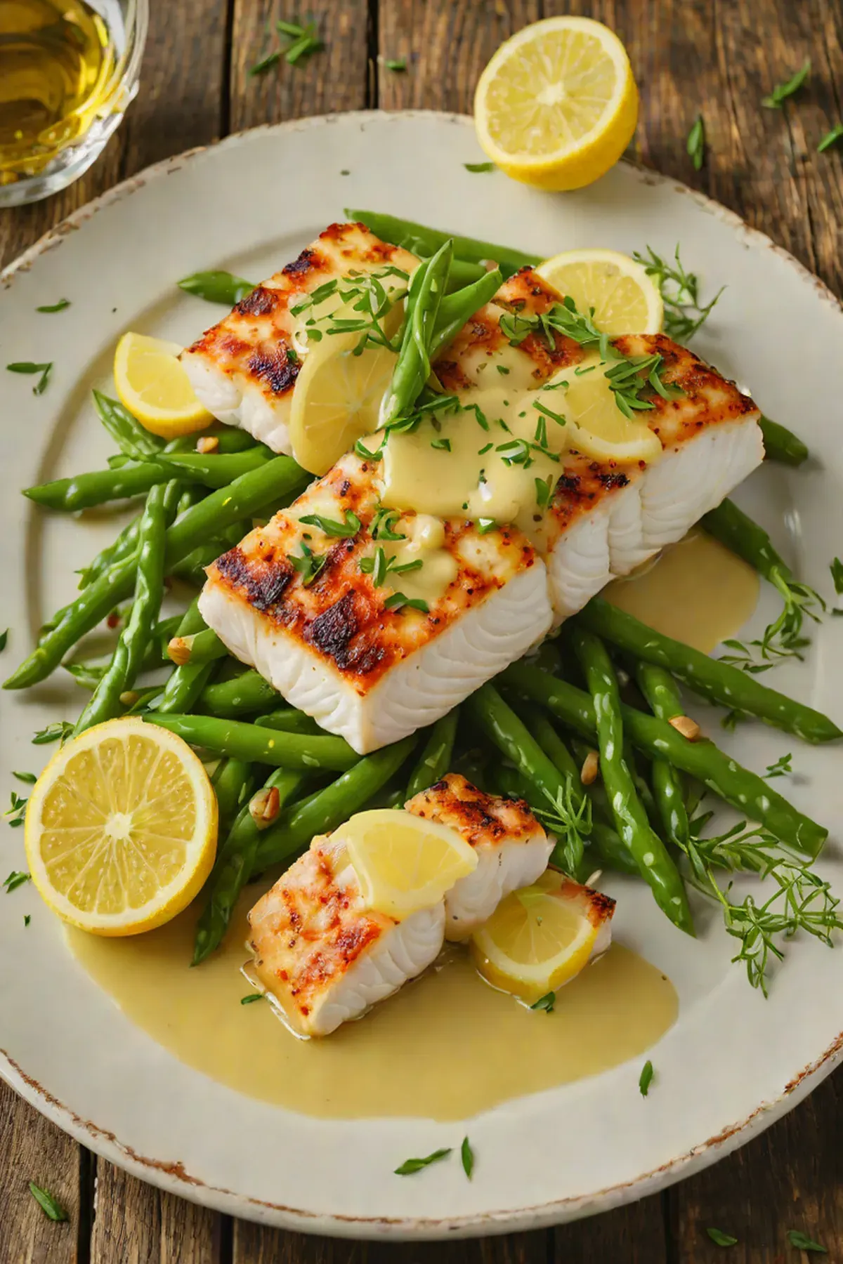 Grilled Cod with Green Bean and Lemon Butter Sauce