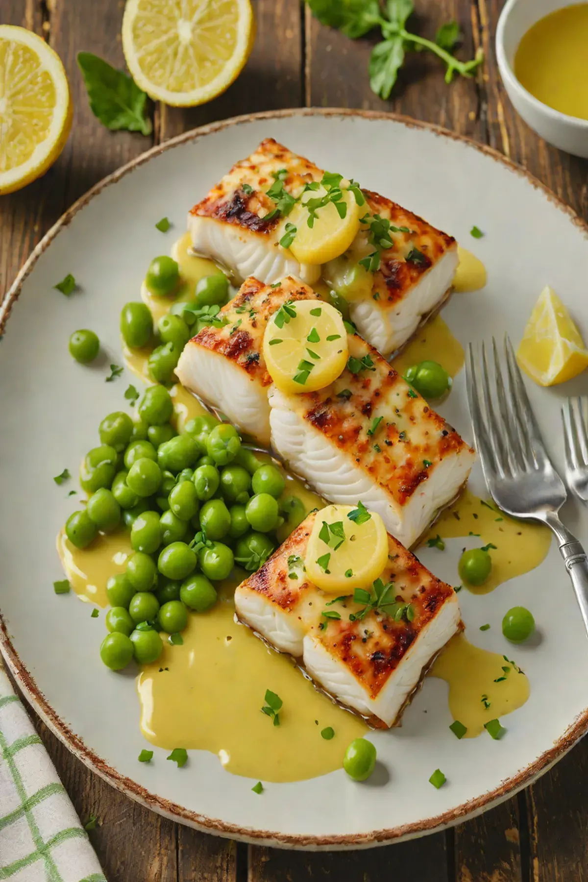 Grilled Cod with Pea and Lemon Butter Sauce