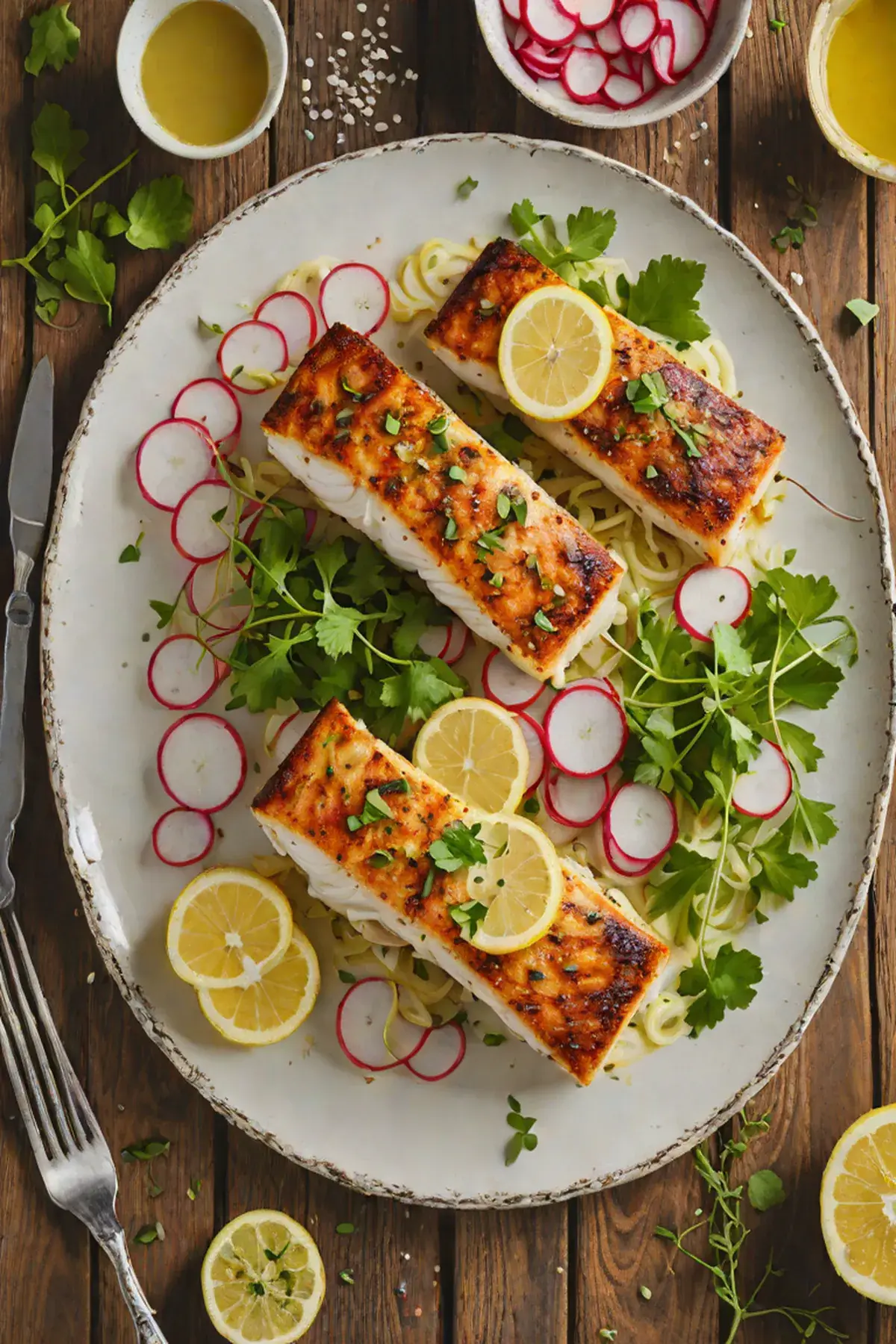 Grilled Cod with Radish Slaw and Lemon Butter