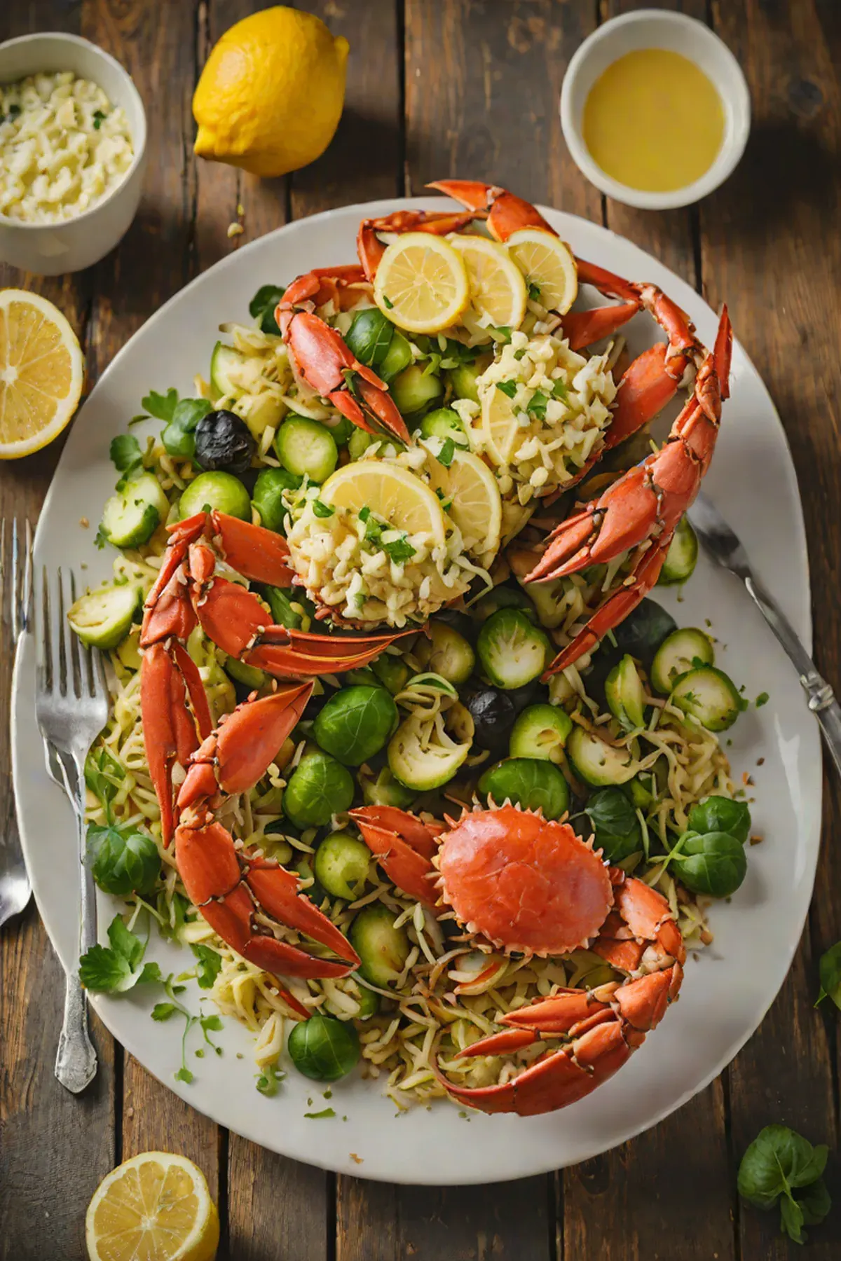 Grilled Crab with Brussels Sprout Hash and Lemon Butter
