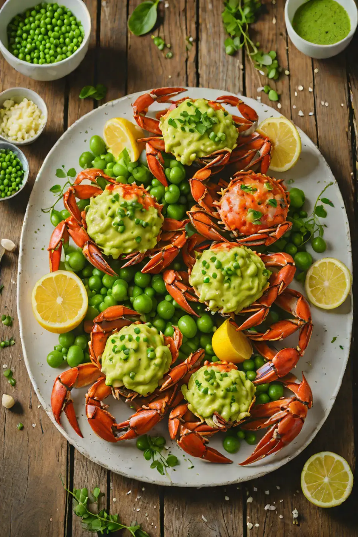 Grilled Crab with Pea and Garlic Butter Sauce