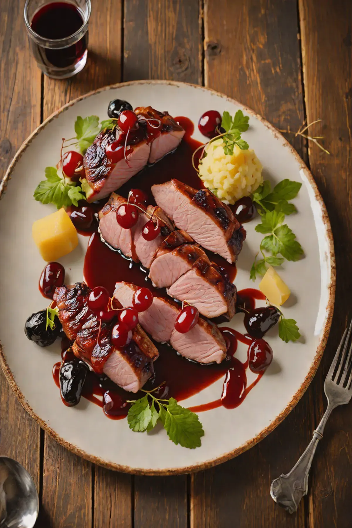 Grilled Duck with Parsnip Purée and Cherry Gastrique