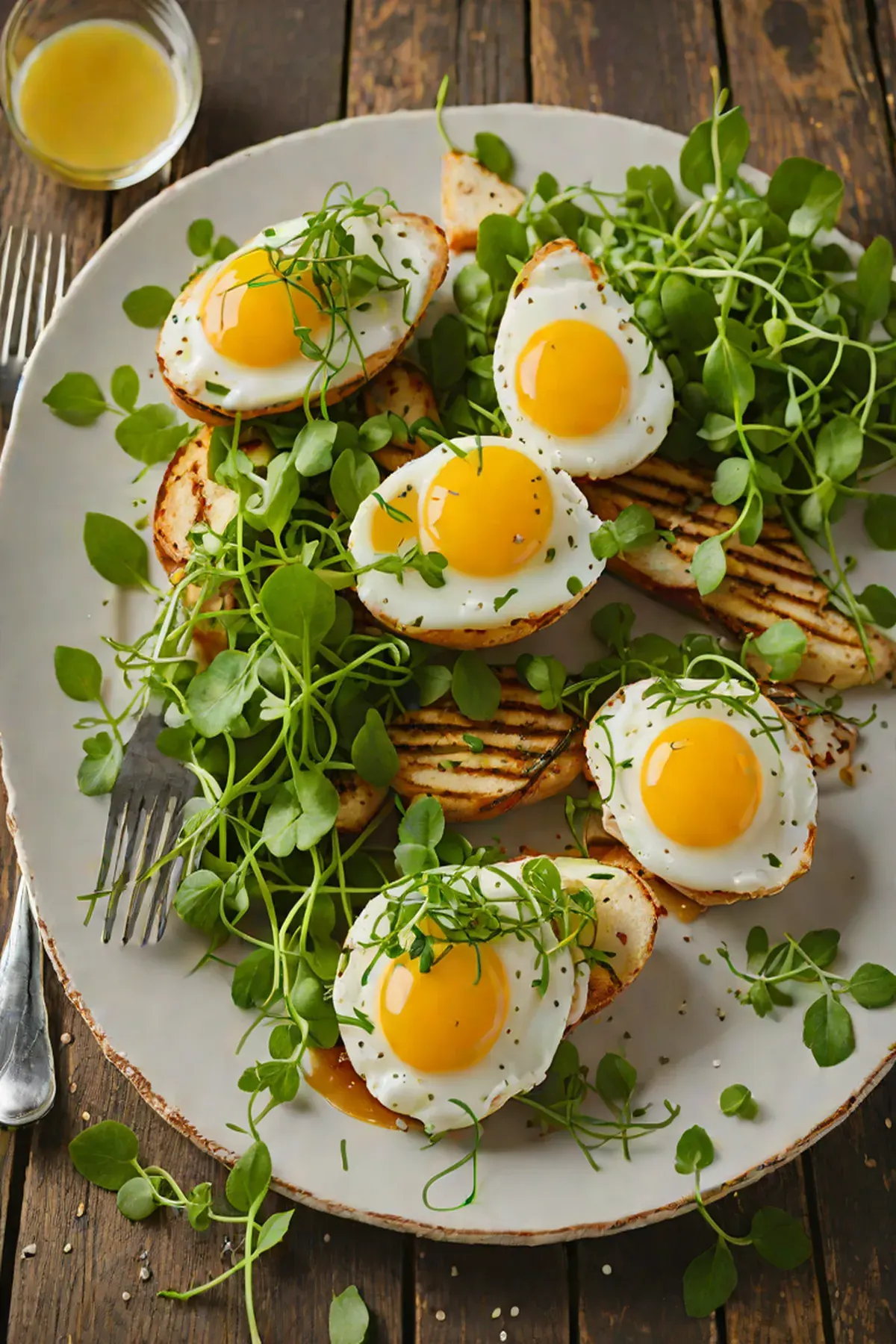 Grilled Eggs with Pea Shoot Salad