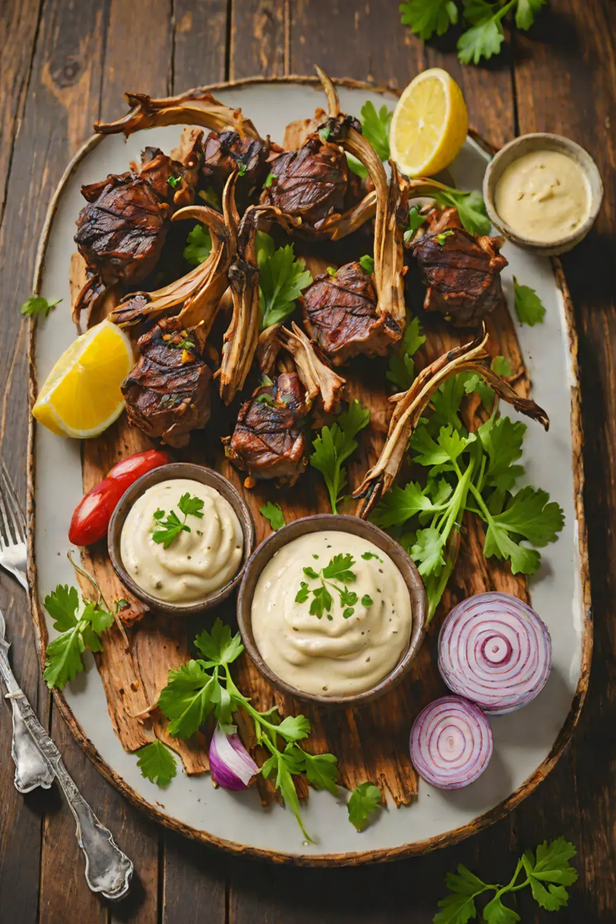 Grilled Goat with Celery and Spiced Yogurt Sauce