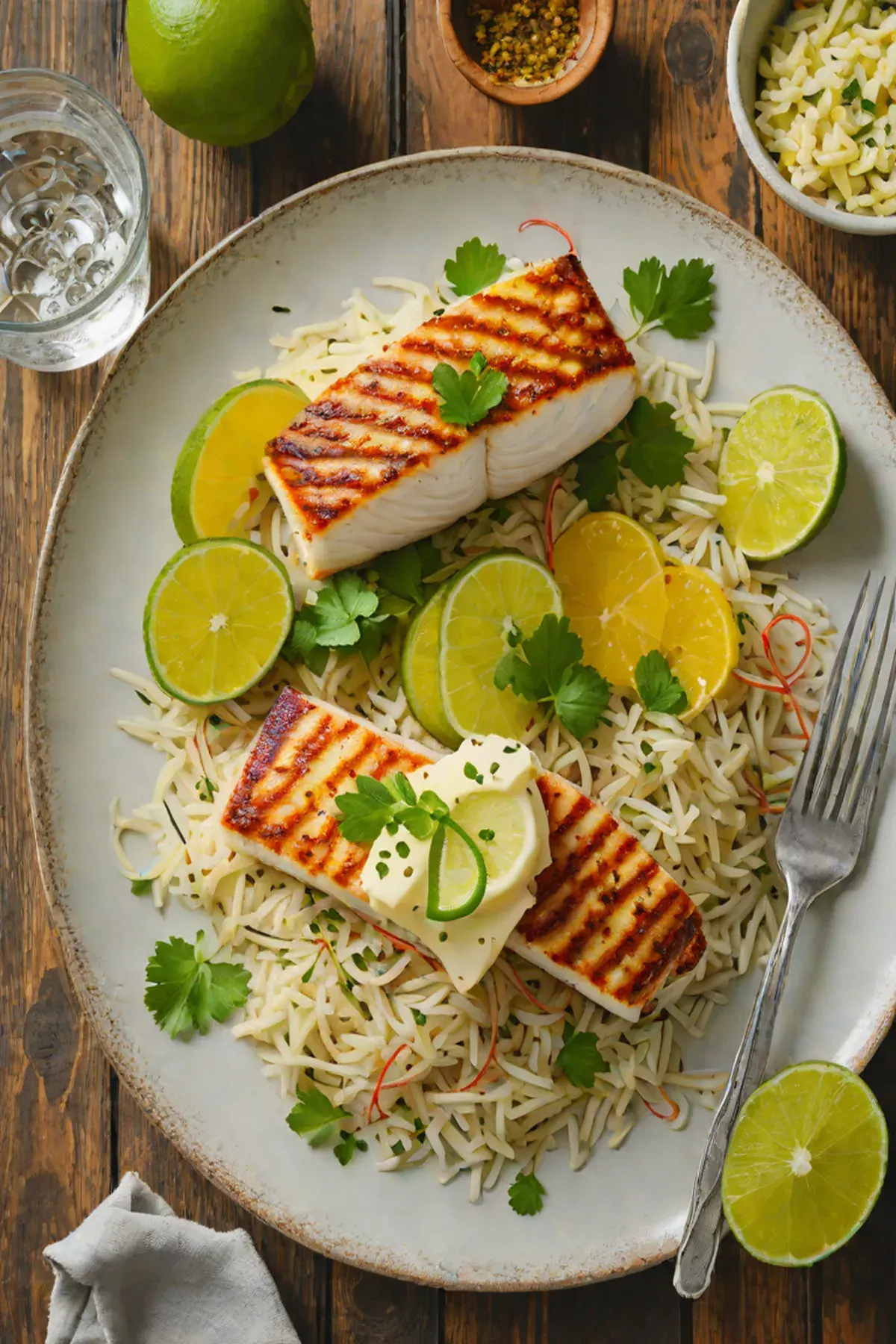 Grilled Halibut with Daikon Radish Slaw and Citrus Butter