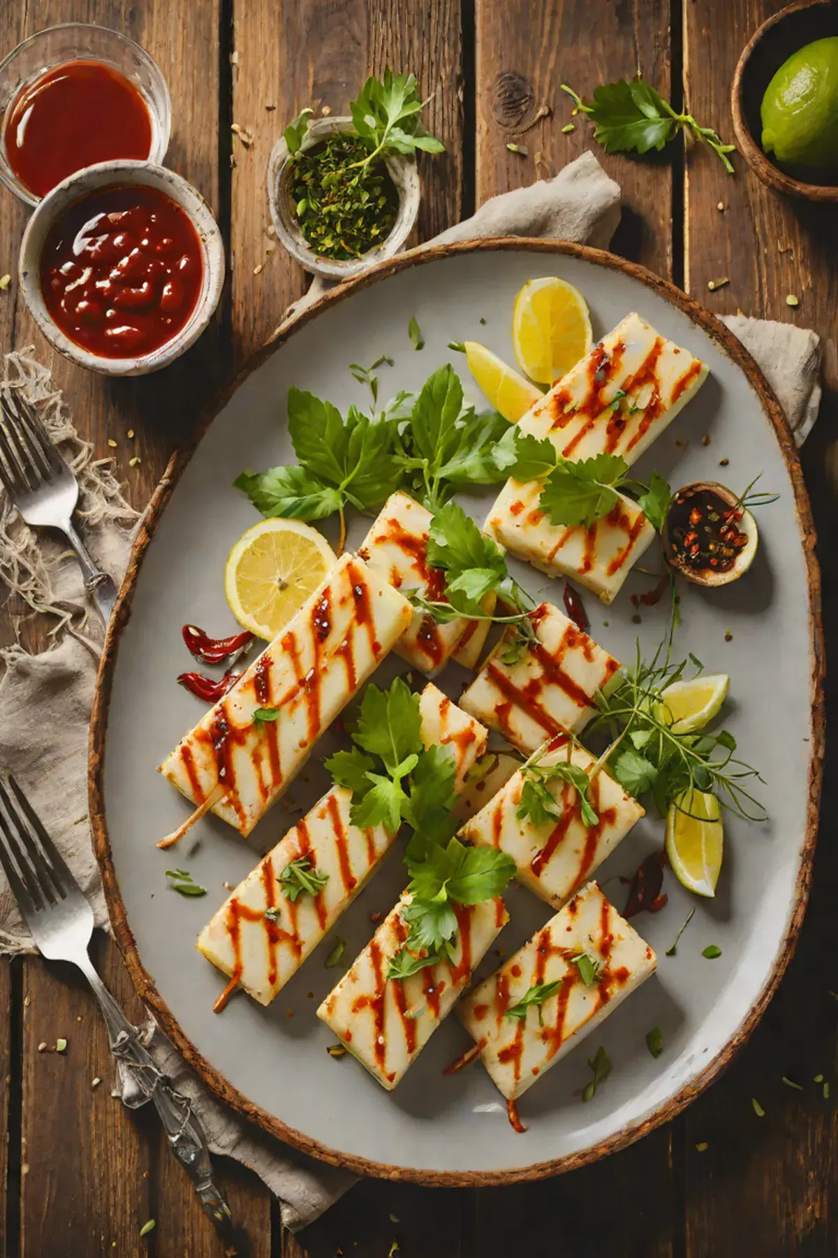 Grilled Halloumi with Bamboo Shoot and Sweet Chili Sauce