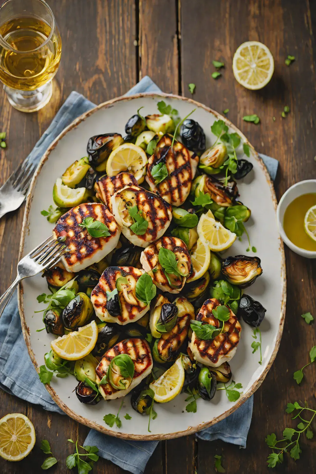 Grilled Halloumi with Roasted Brussels Sprouts