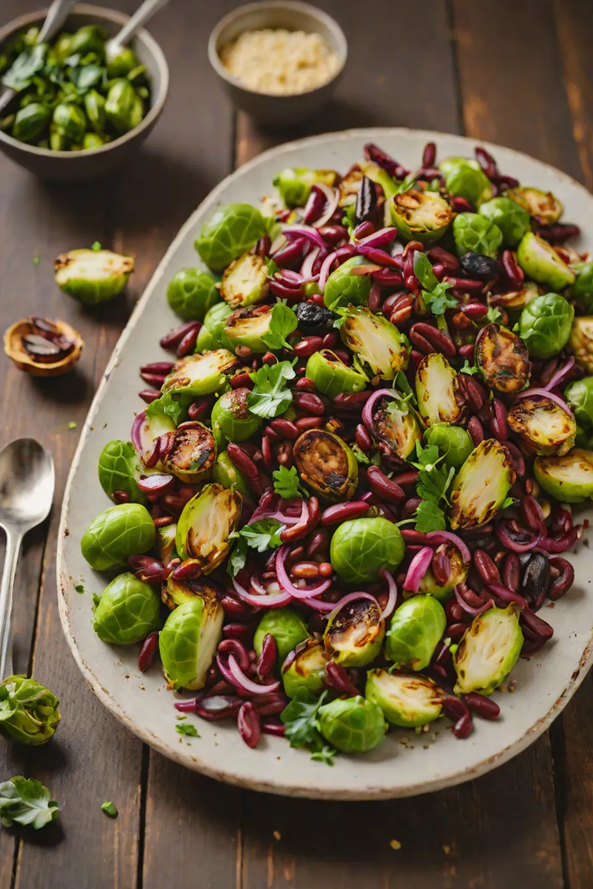 Grilled Kidney Beans with Brussels Sprouts and Charred Garlic Oil