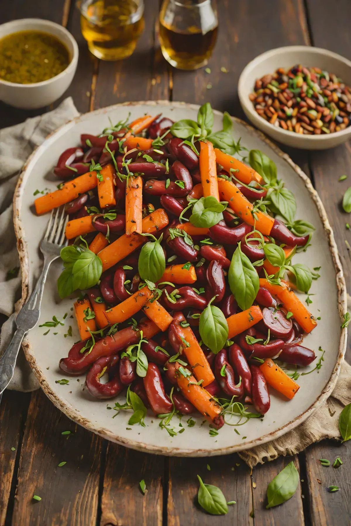 Grilled Kidney Beans with Charred Carrots and Herb Oil
