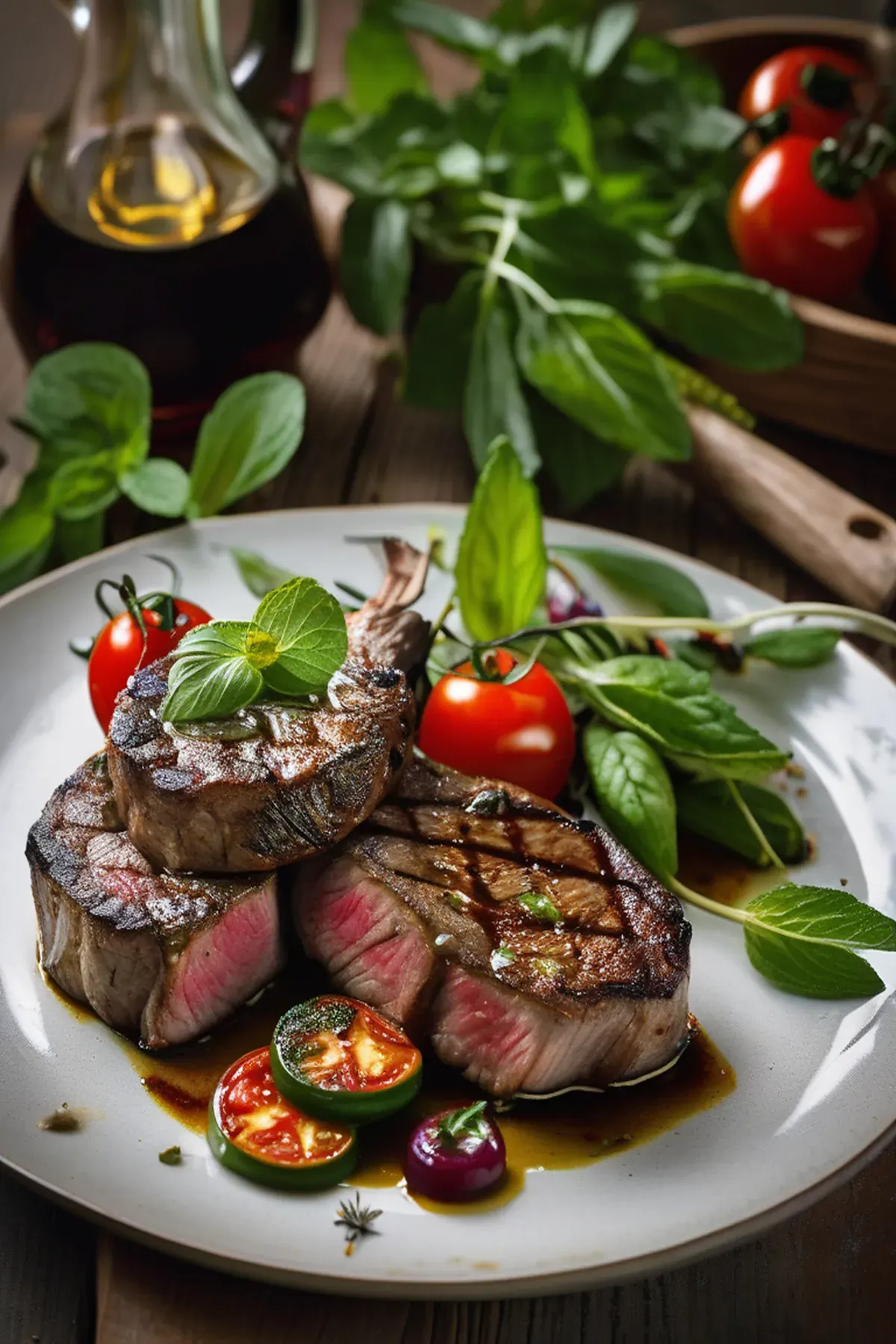 Grilled lamb steaks with mint, smoky butter & Mediterranean veg