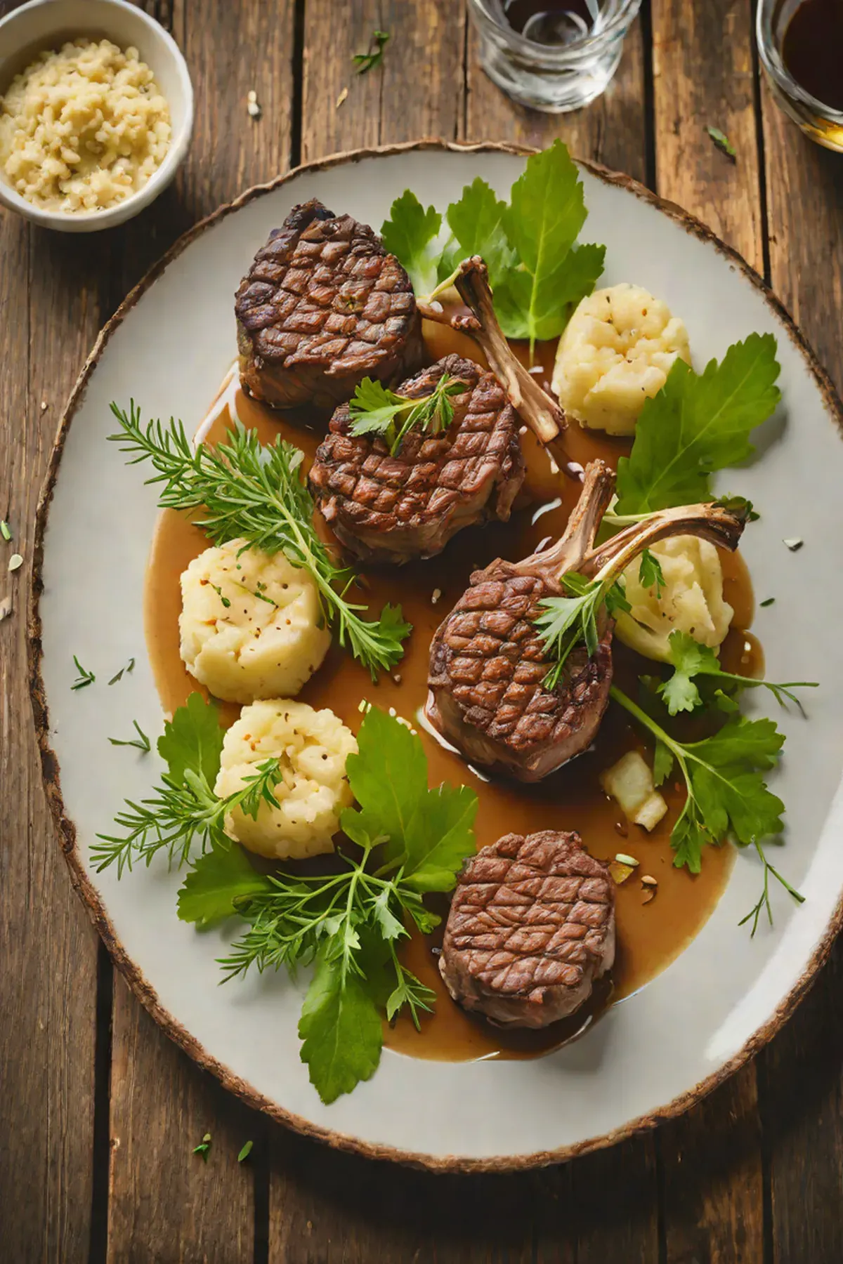 Grilled Lamb with Celery Root Puree and Crispy Celery Leaves