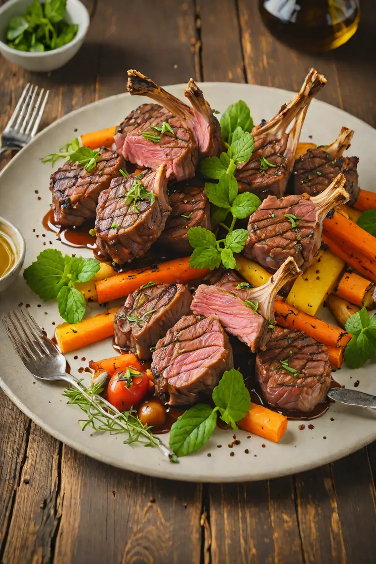 Grilled Lamb with Glazed Rainbow Carrots and Mint Oil
