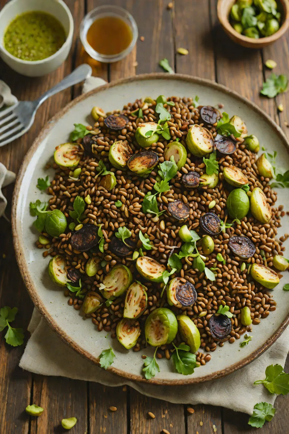 Grilled Lentils with Brussels Sprouts and Crispy Garlic Oil