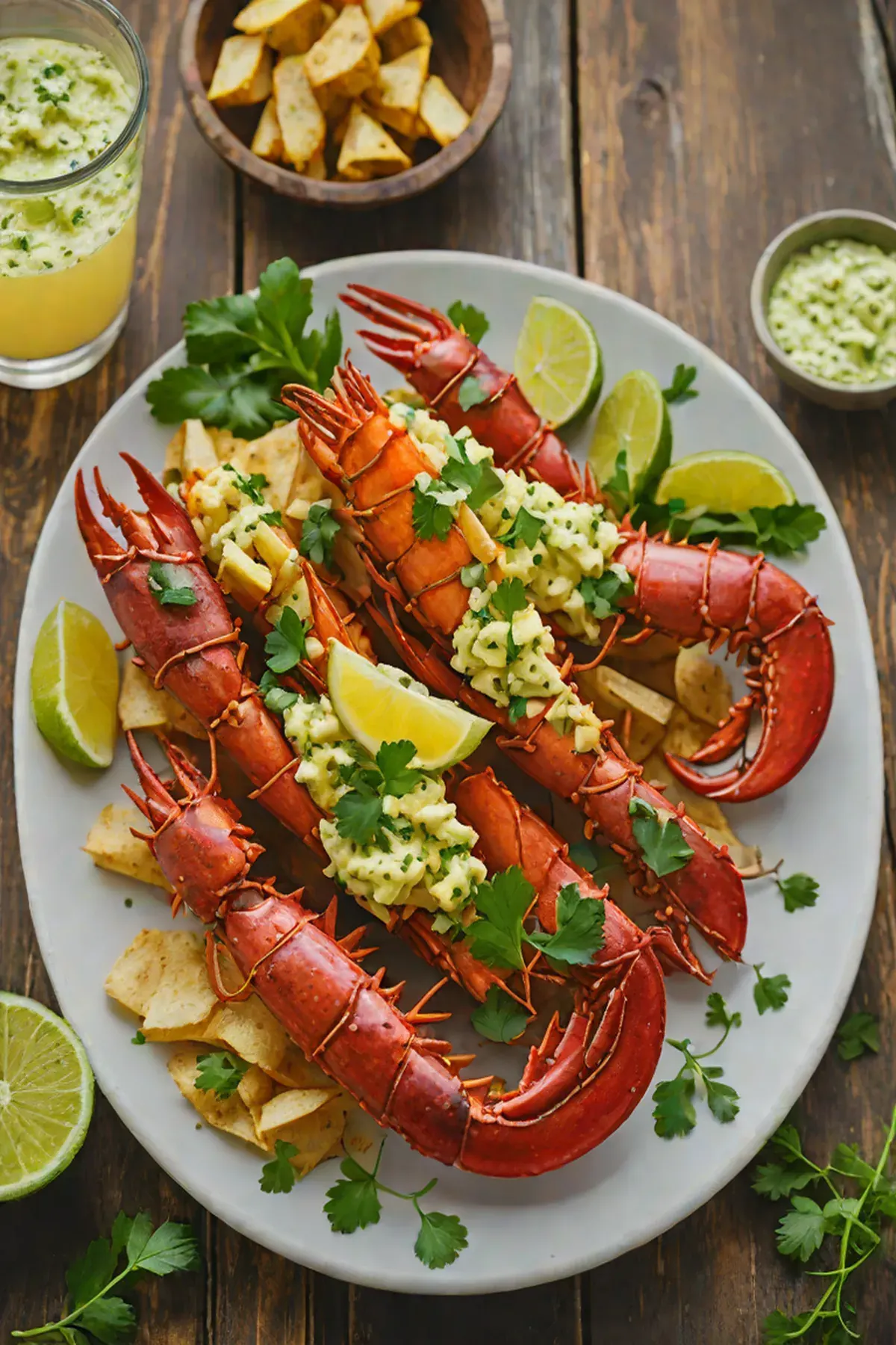 Grilled Lobster with Cassava Root Chips and Cilantro-Lime Butter