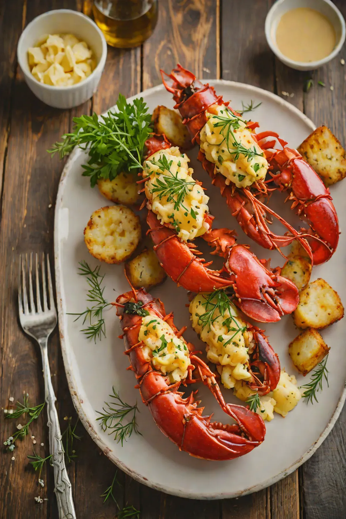 Grilled Lobster with Crispy Herb Potato Cake