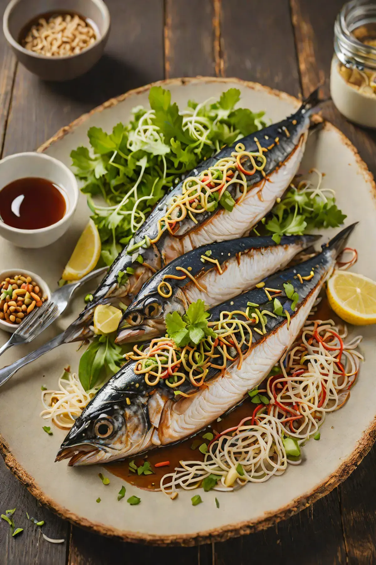 Grilled Mackerel with Bean Sprout Salad and Ginger-Soy Glaze