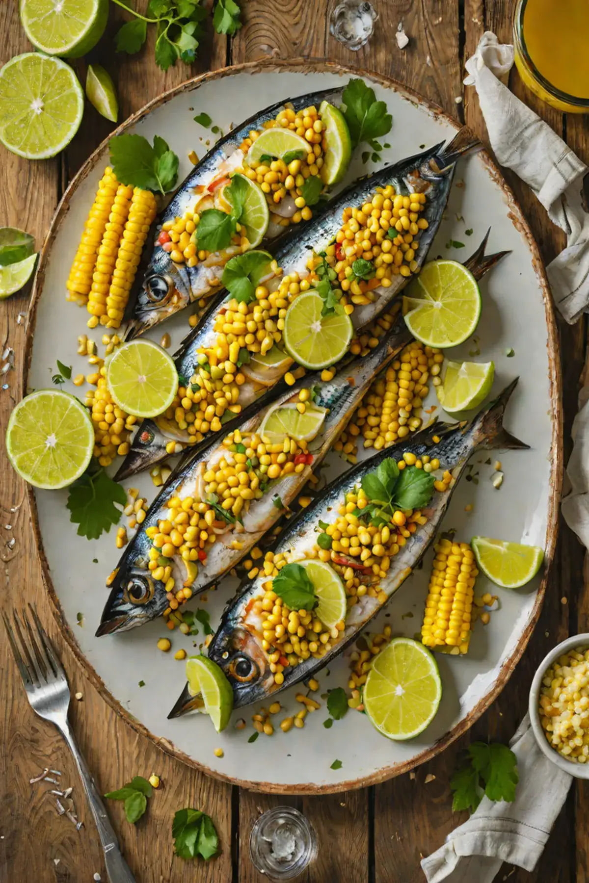 Grilled Mackerel with Corn and Charred Lime Butter