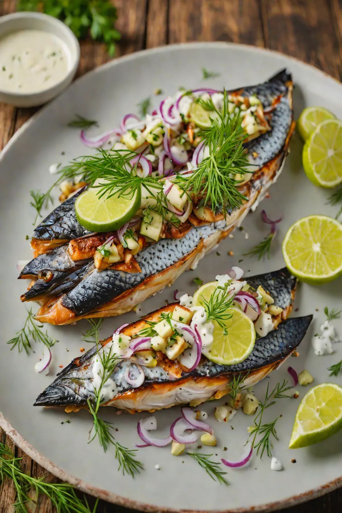 Grilled Mackerel with Cucumber Relish and Dill Cream