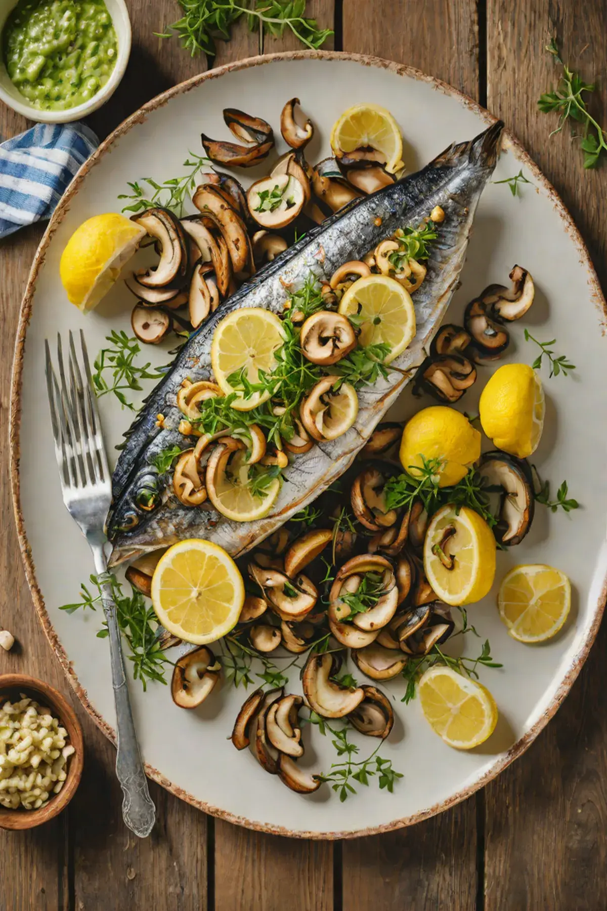 Grilled Mackerel with Mushroom and Lemon Herb Butter