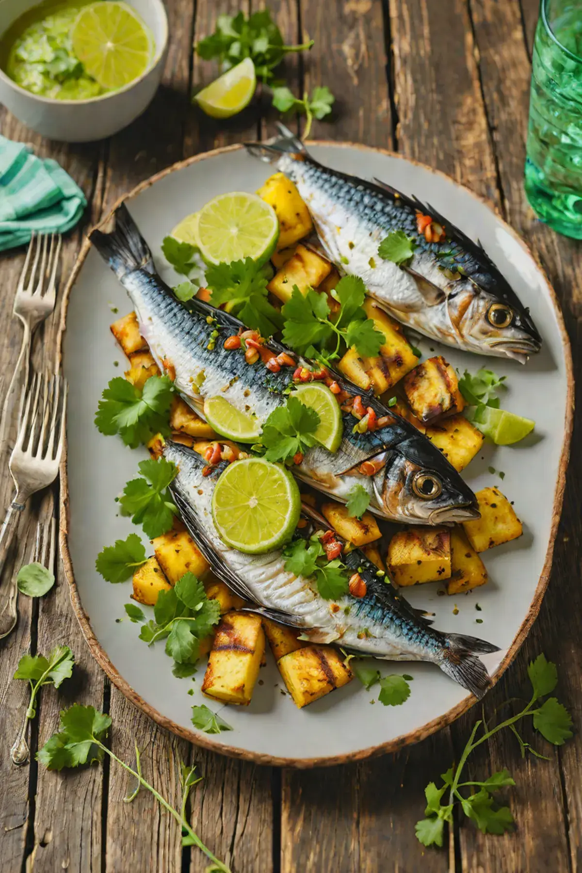 Grilled Mackerel with Plantain and Cilantro-Lime Sauce