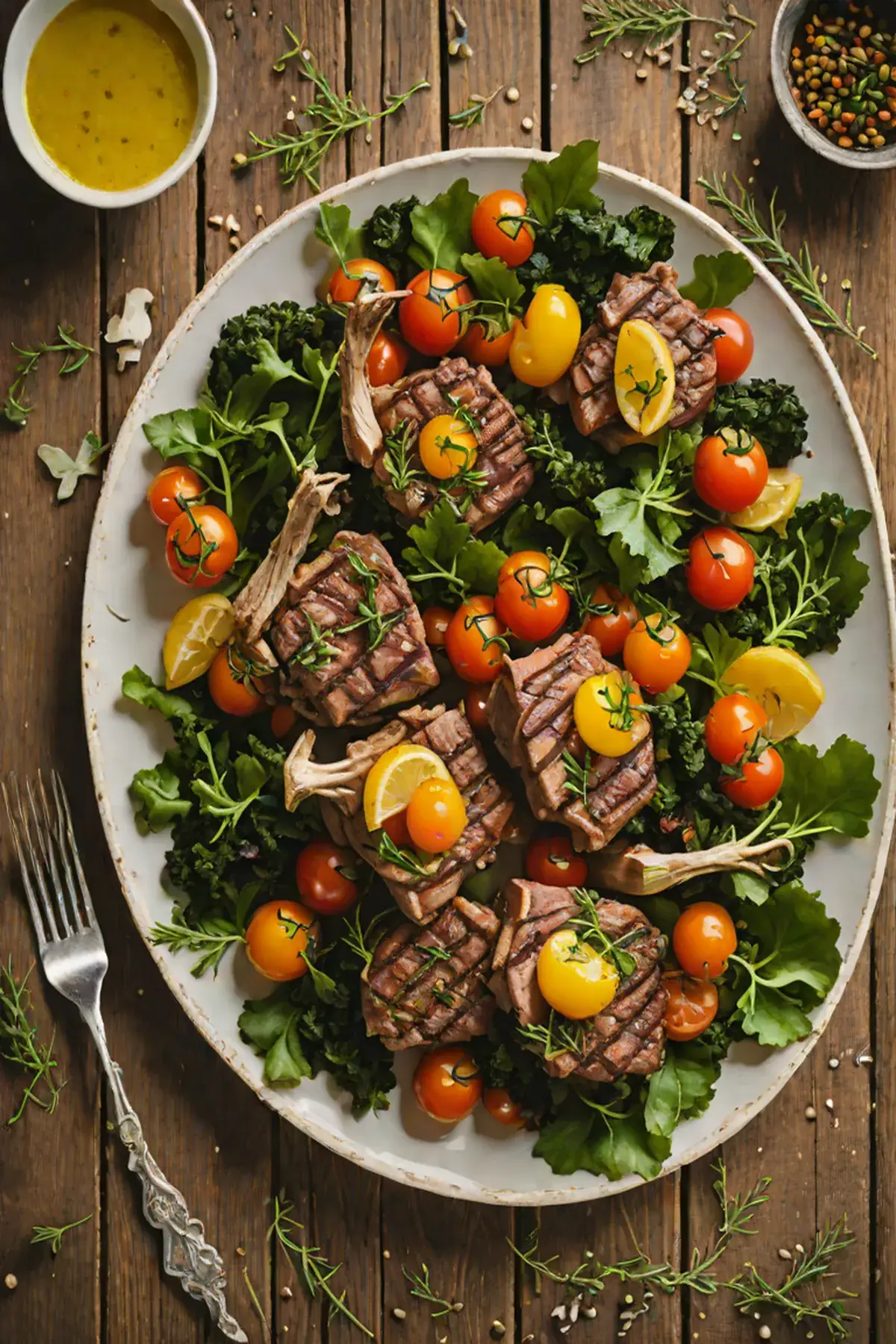 Grilled Marinated Goat with Kale and Cherry Tomatoes