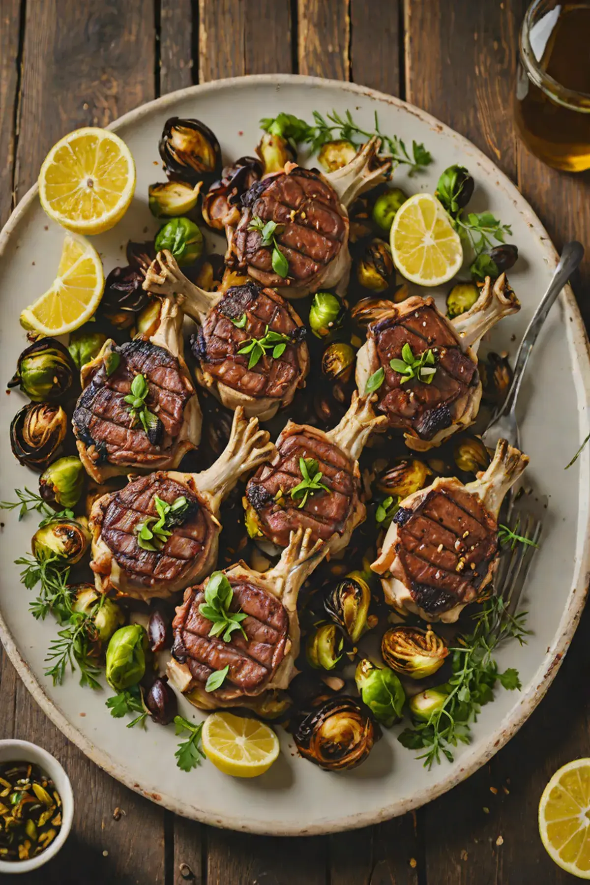 Grilled Marinated Goat with Roasted Brussels Sprouts