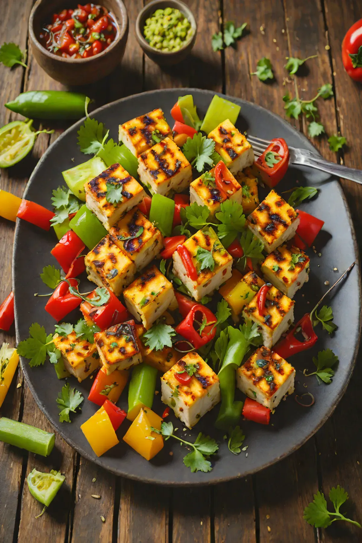 Grilled Marinated Paneer with Celery and Bell Peppers