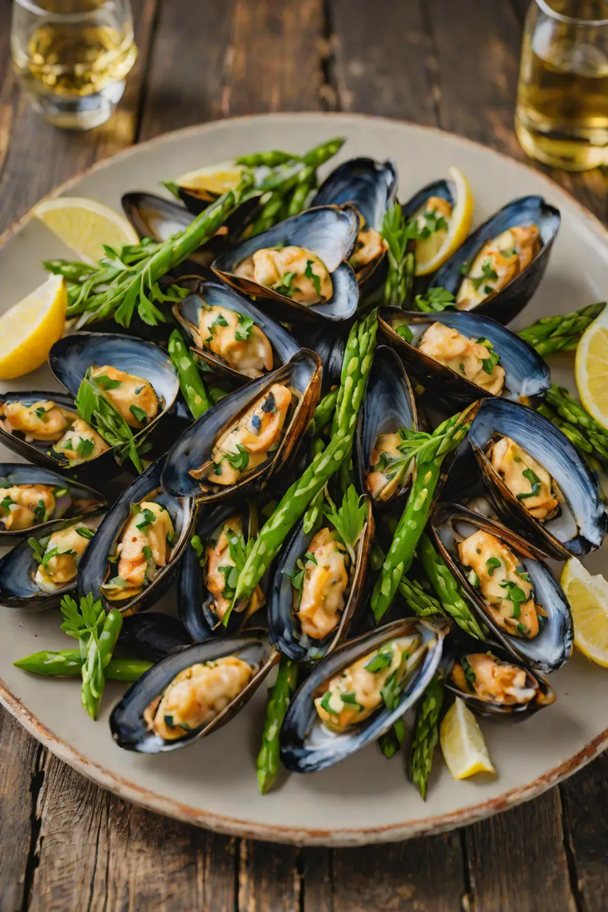 Grilled Mussels with Asparagus