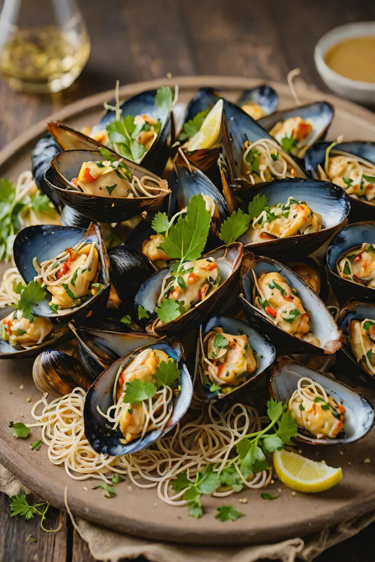 Grilled Mussels with Bean Sprout and Garlic Butter Sauce