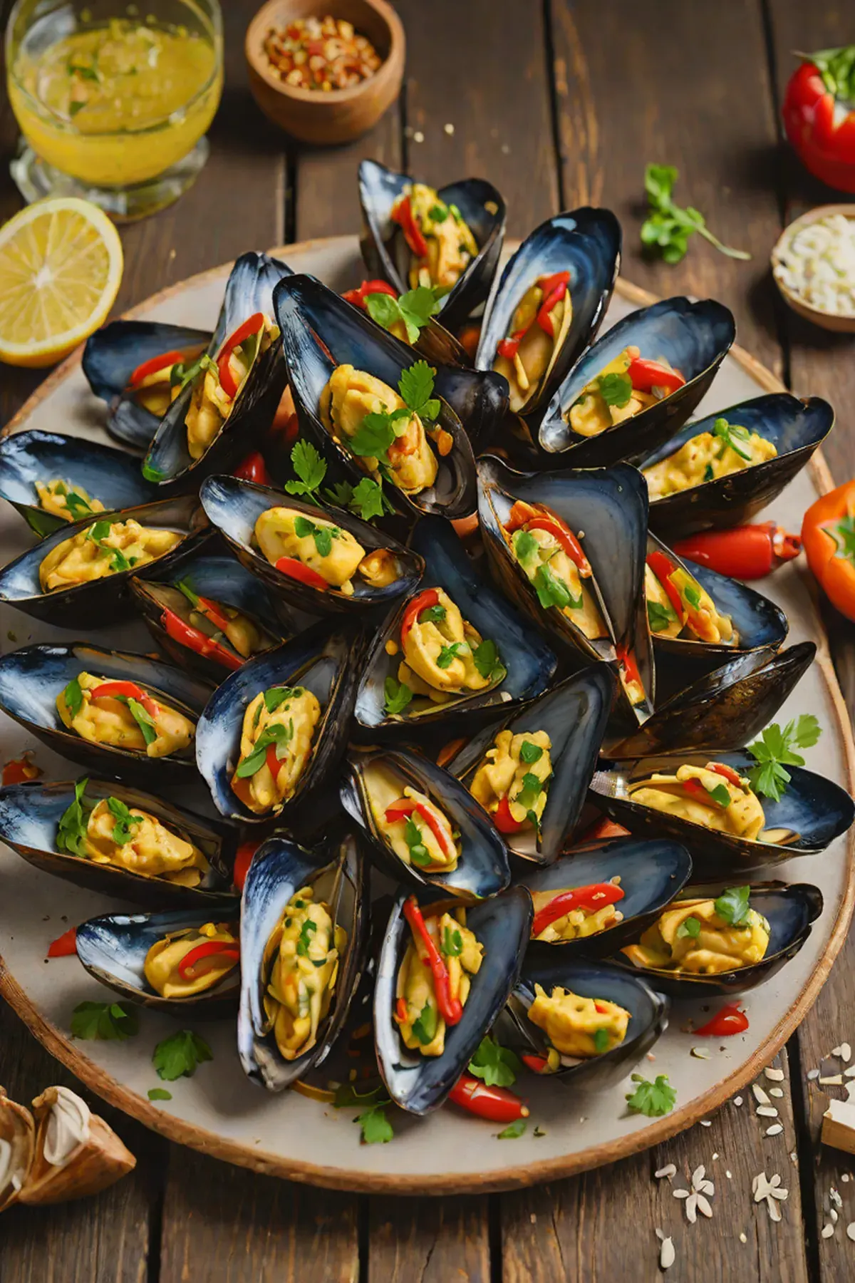 Grilled Mussels with Bell Pepper and Garlic Butter