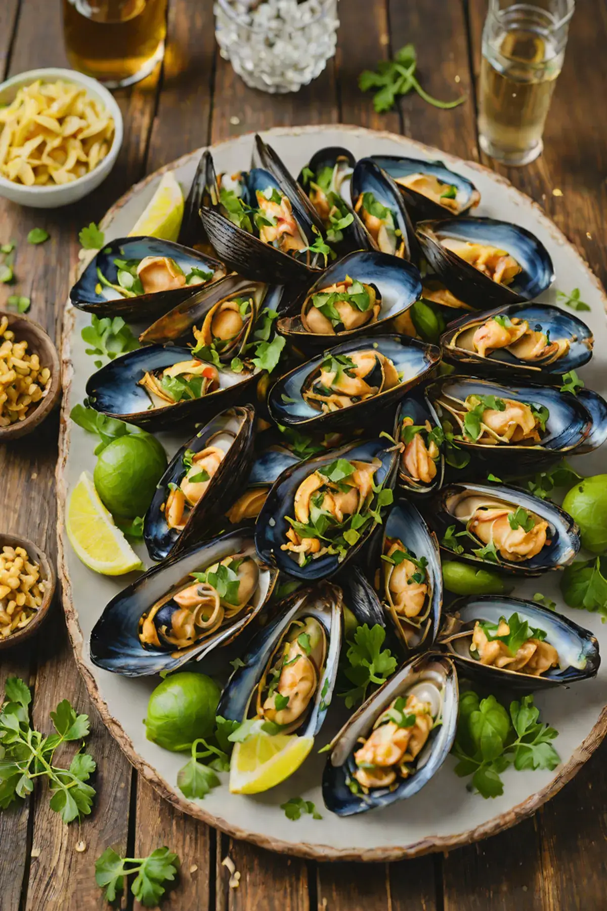 Grilled Mussels with Brussels Sprout Crisps and Garlic Butter