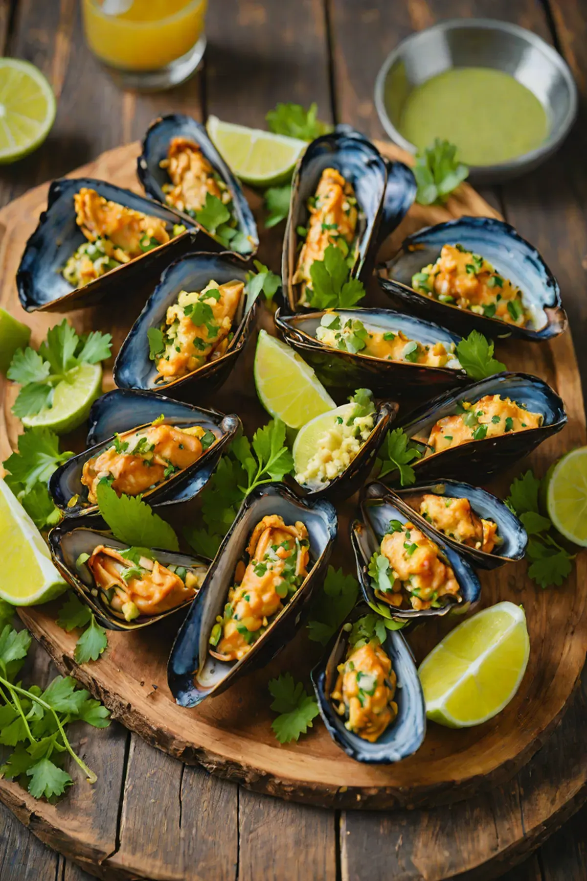 Grilled Mussels with Cassava Crust and Cilantro Lime Butter