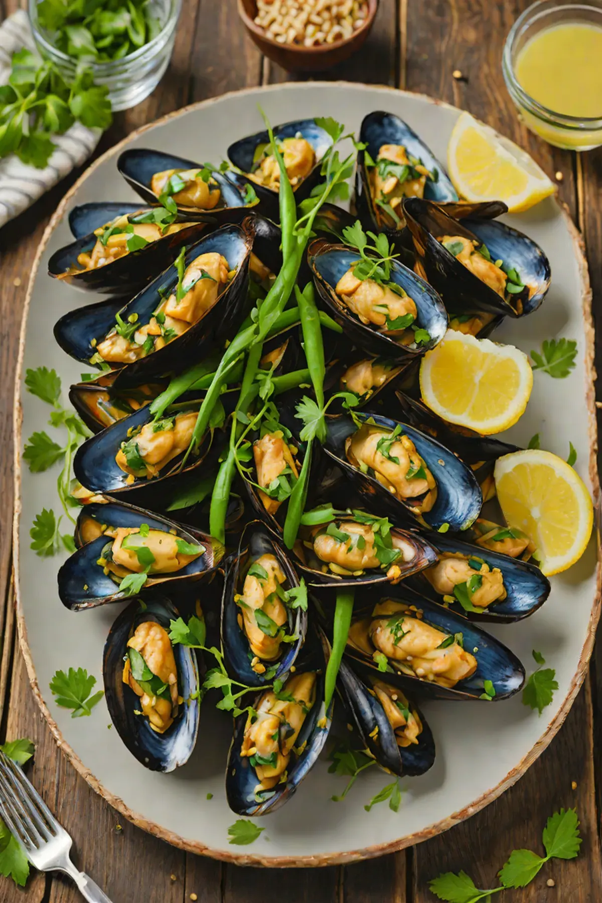 Grilled Mussels with Green Bean and Garlic Butter